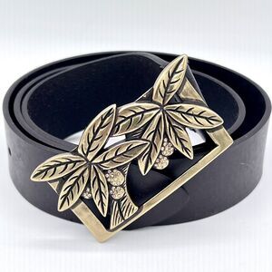 Cipriani Smooth Brown Leather Belt 1.5" Wide Brass Palm Tree Buckle Tropical Lg